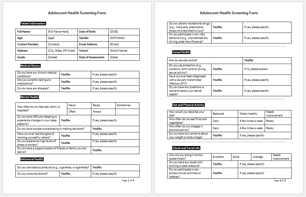 Adolescent Health Screening Form