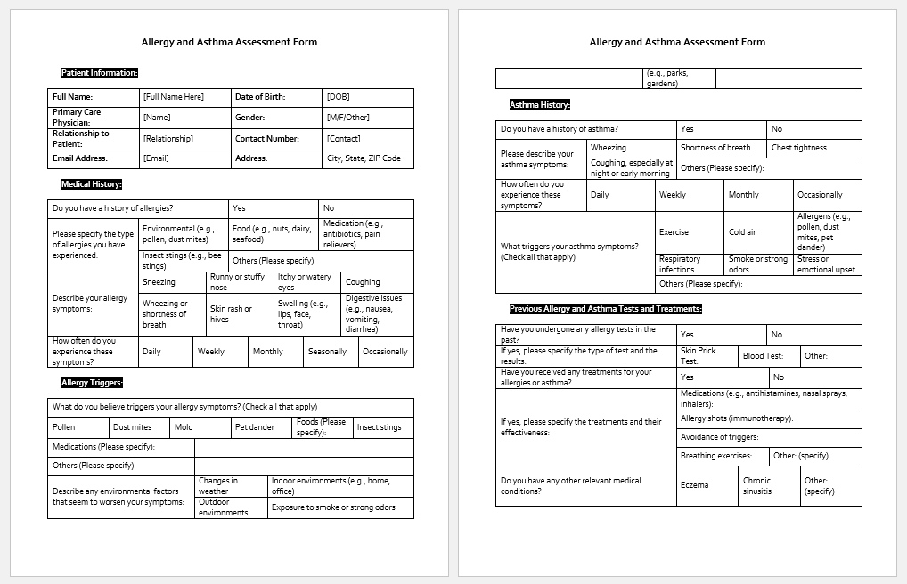 Allergy and Asthma Assessment Form