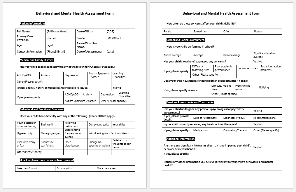 Behavioral and Mental Health Assessment Form