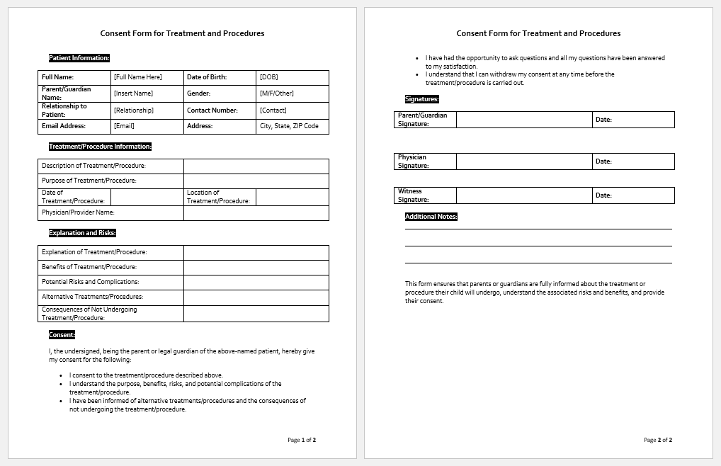 Consent Form for Treatment and Procedures