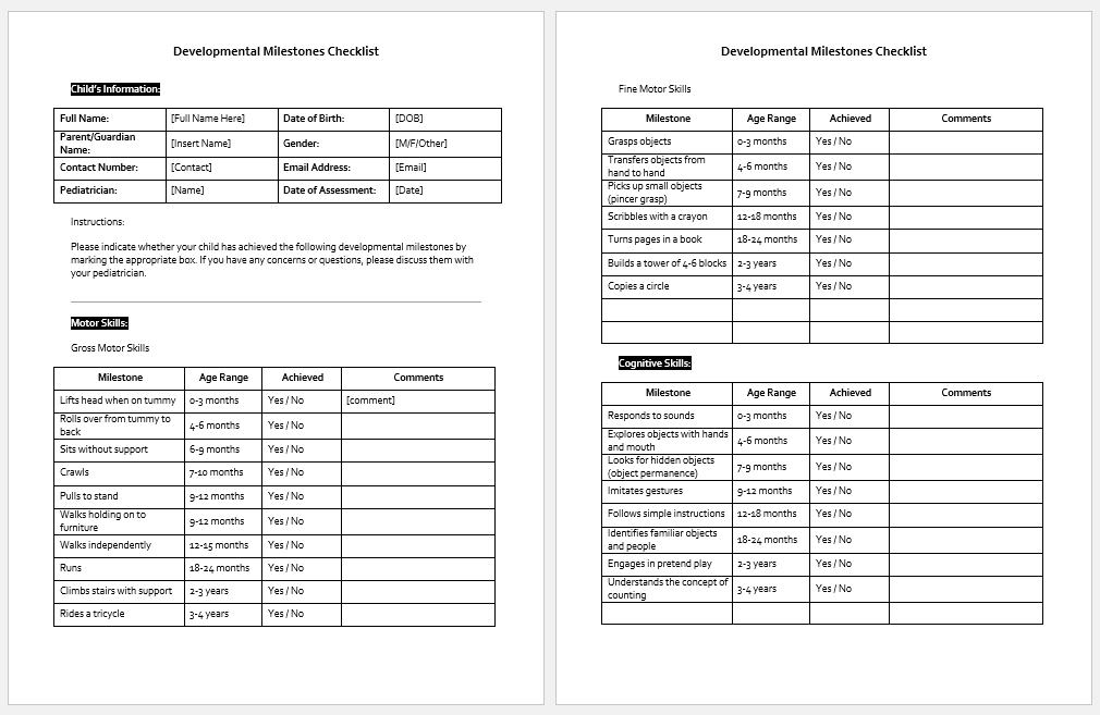 Developmental Milestones Checklist