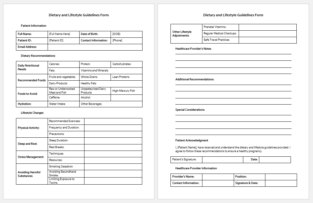 Dietary and Lifestyle Guidelines Form