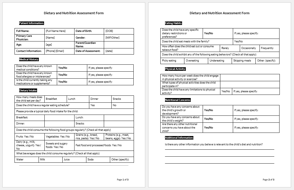 Dietary and Nutrition Assessment Form