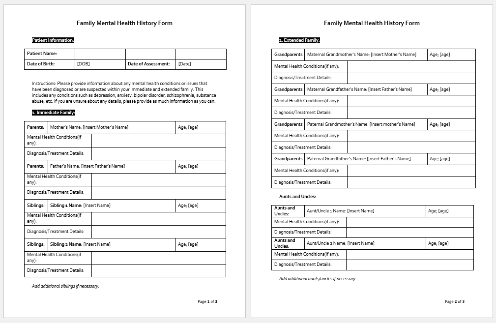 Family Mental Health History Form