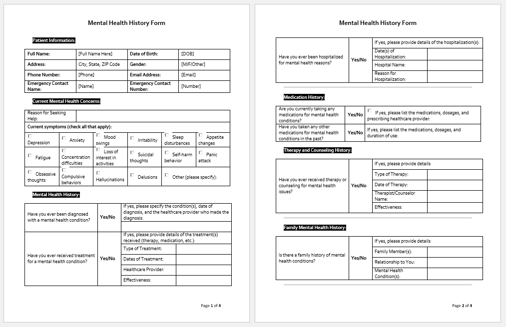 Mental Health History Form