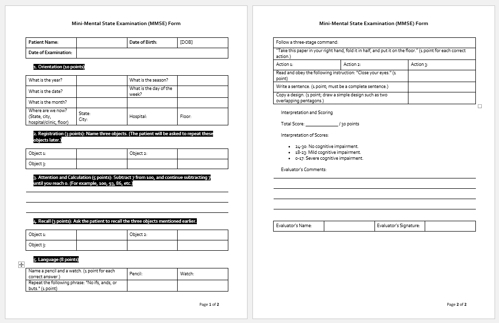 Mini-Mental State Examination (MMSE) Form