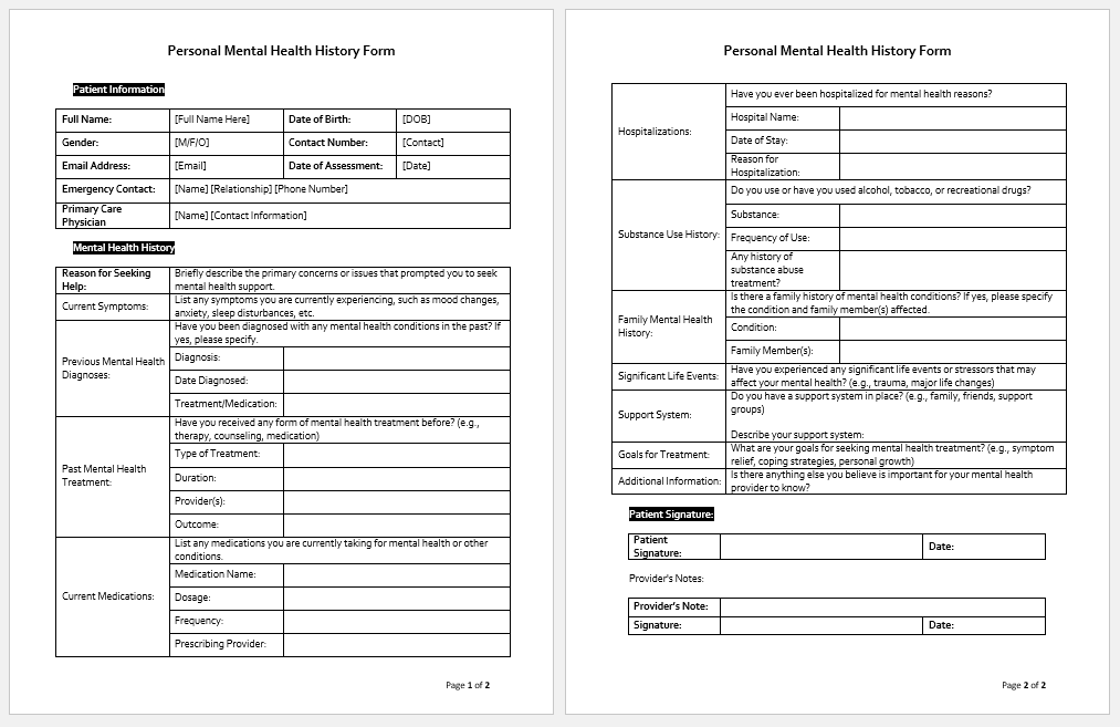 Personal Mental Health History Form