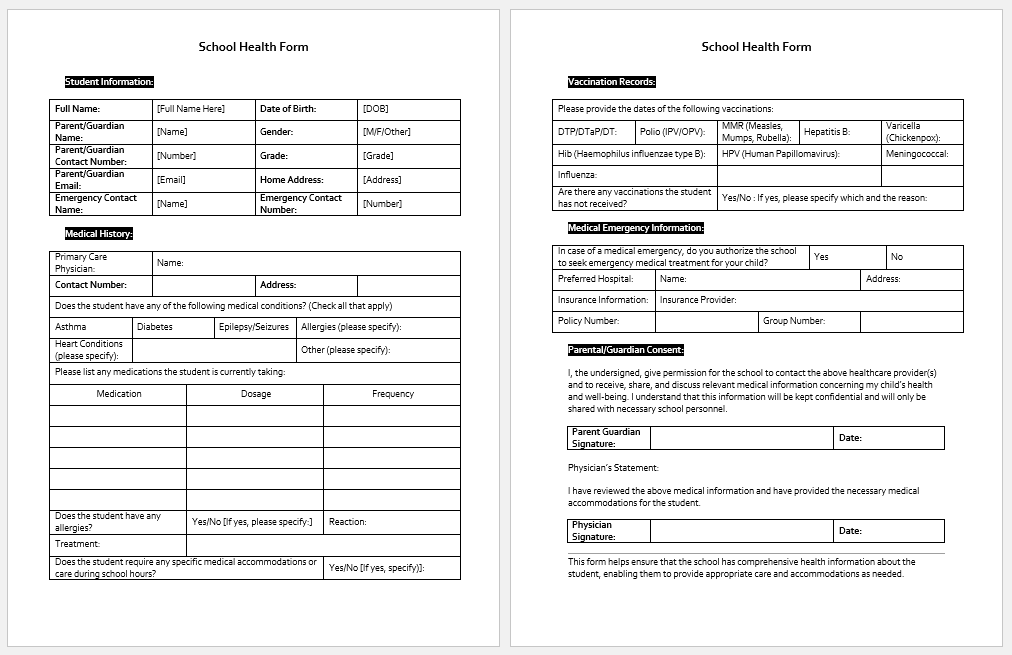 School Health Form