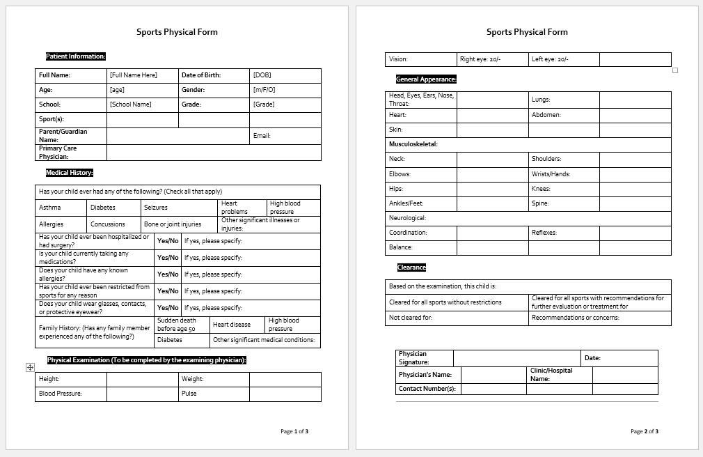 Sports Physical Form