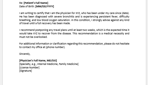 Physician’s Letter for Unfit to Travel